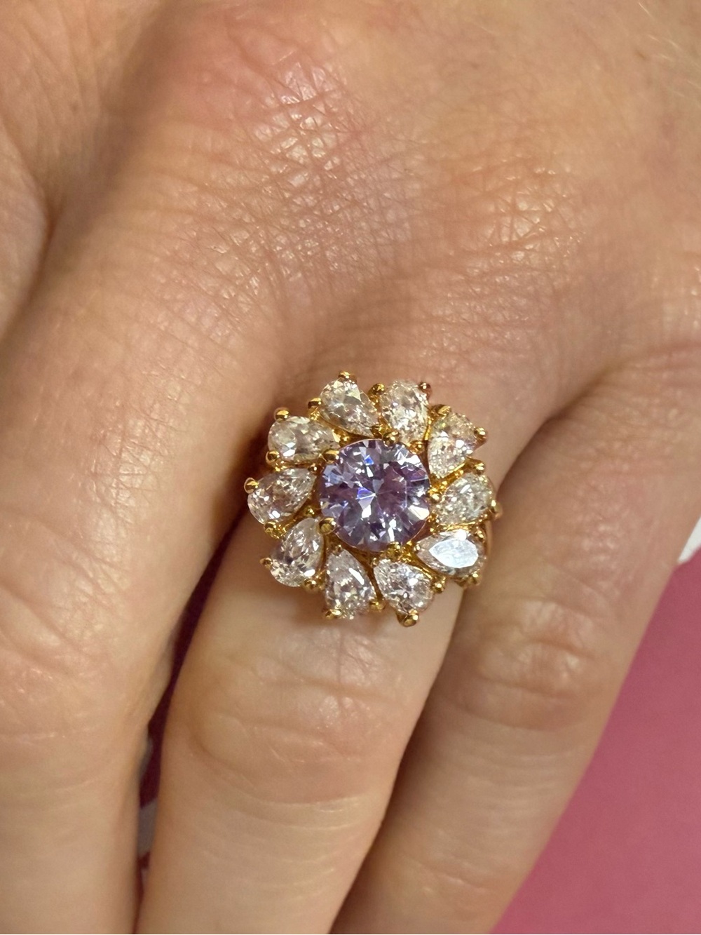 Gold-tone Floral Ring with Lavender Center Stone and Clear Halo
